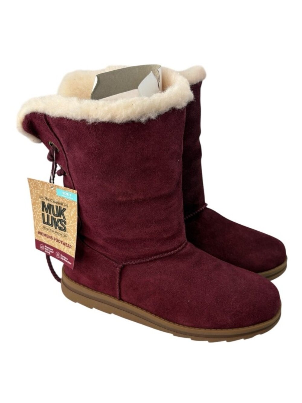 *New Muk Luks Mid Calf Boots Womens 7 Maroon Suede Leather Memory Foam Insole